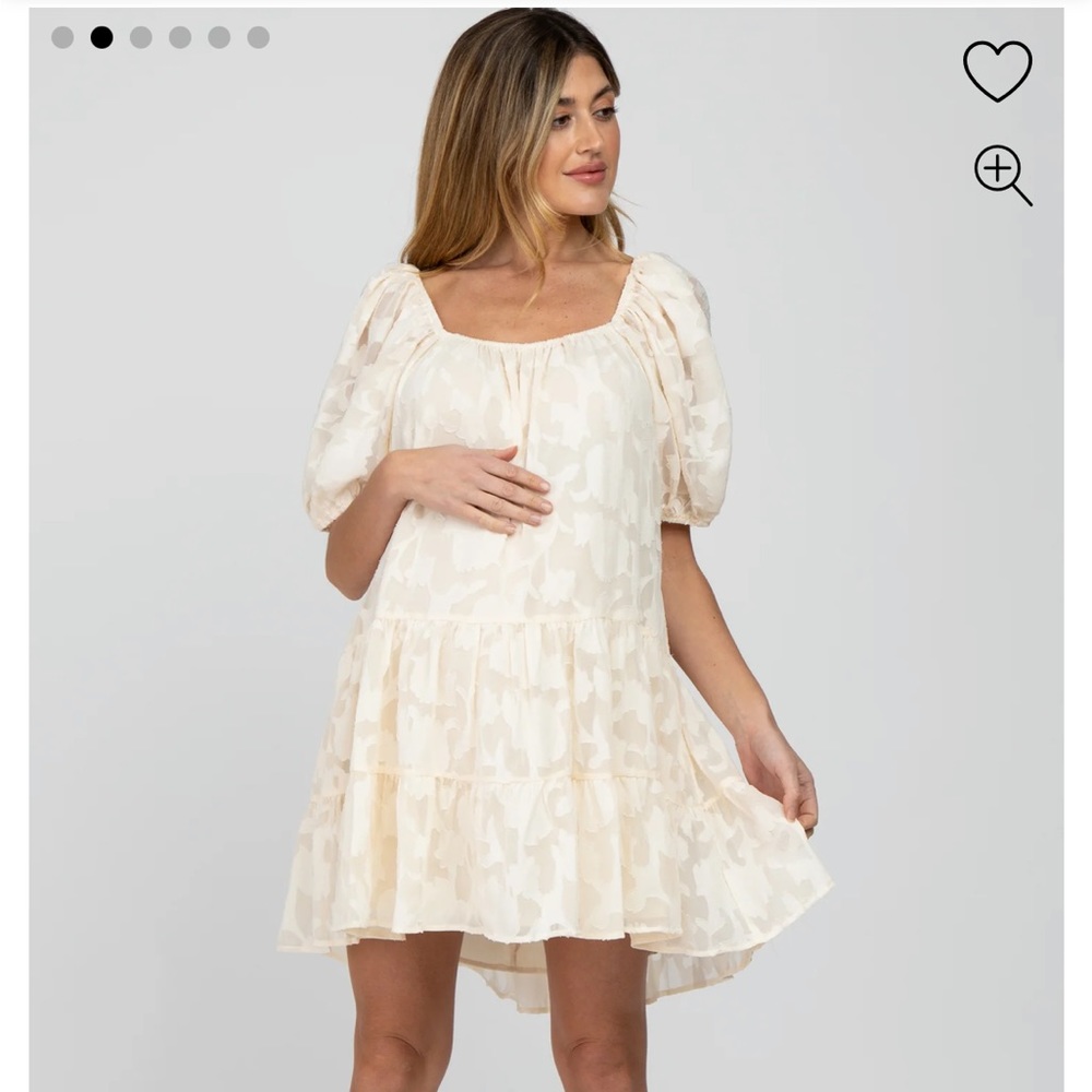 Cream Floral Burnout Puff Sleeve Maternity Dress